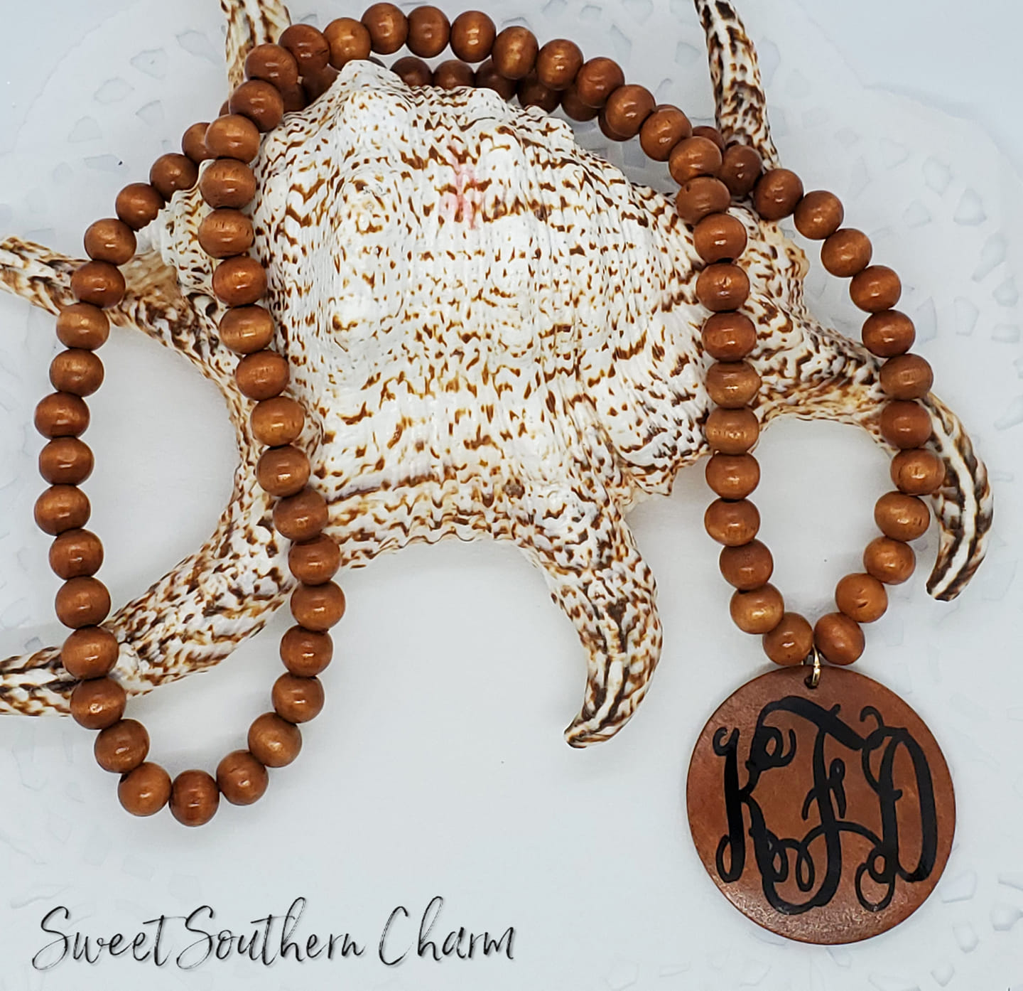 Monogrammed Wooden Disc Necklace with Wooden Beads-