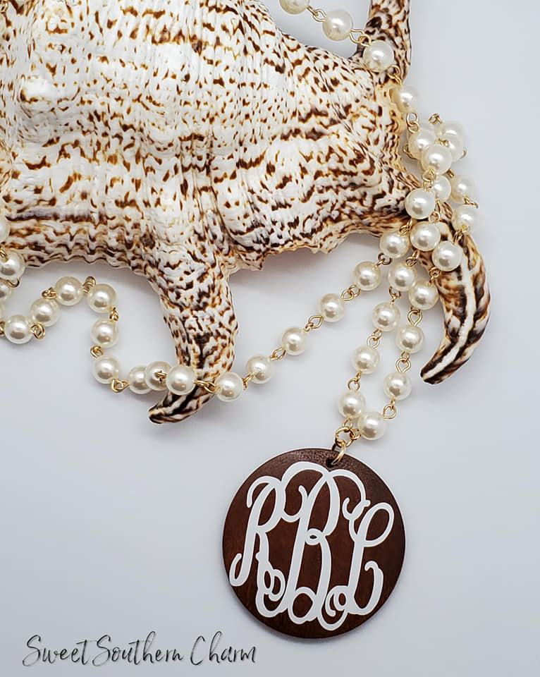 Monogrammed Wooden Disc Necklace with Pearl Beads-