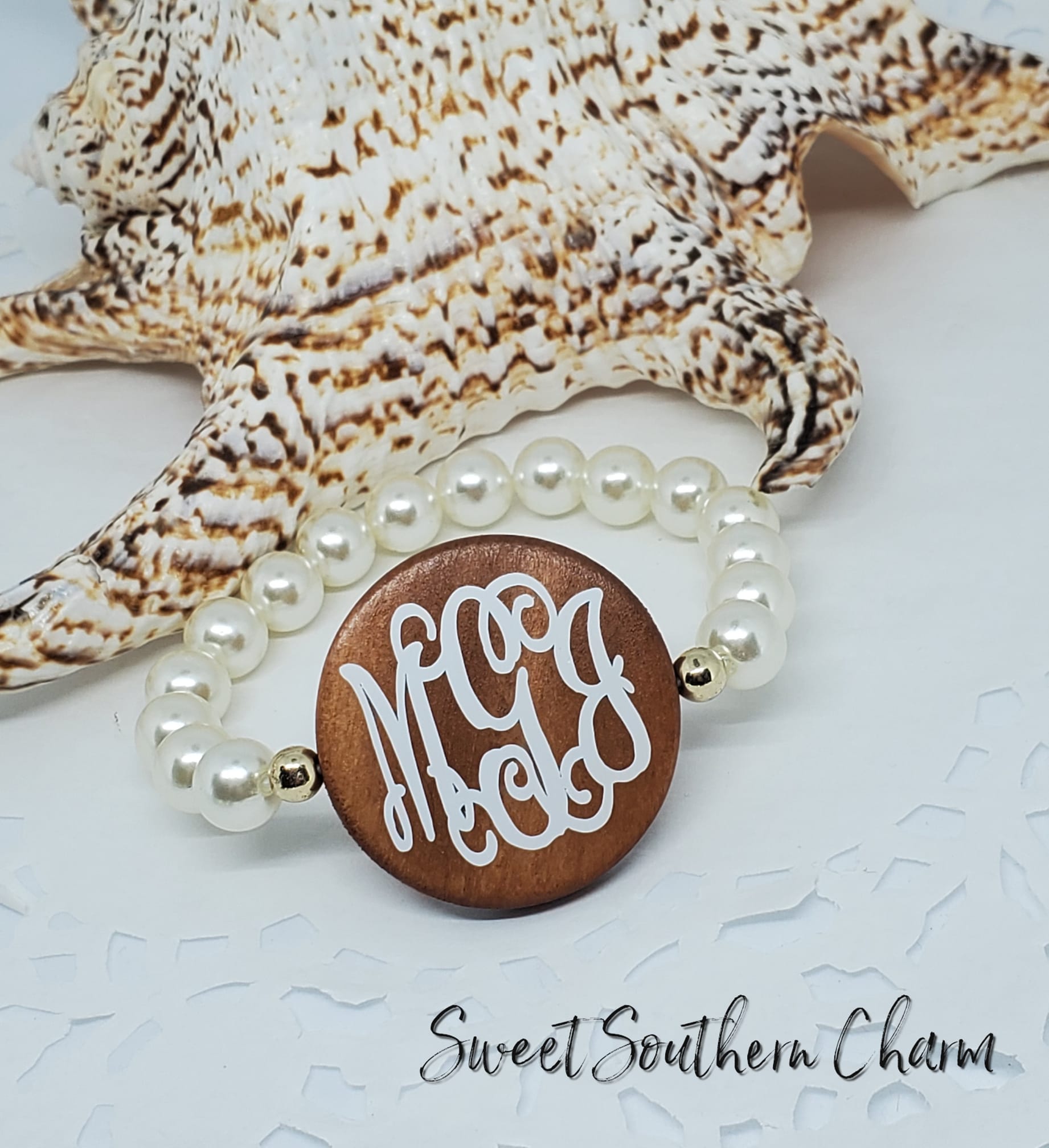 Monogrammed Wooden Disc Pearl Bracelet-