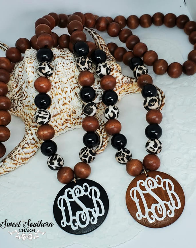 Monogrammed Wooden Disc Necklace with Wooden Animal Printed Beads-