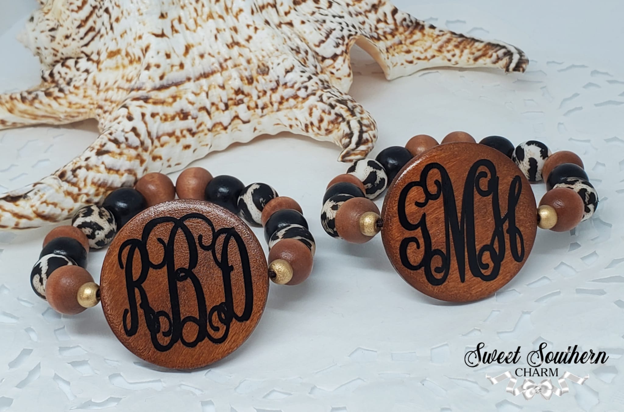 Monogrammed Wooden Disc Bracelet with Animal Printed Wooden Beads-