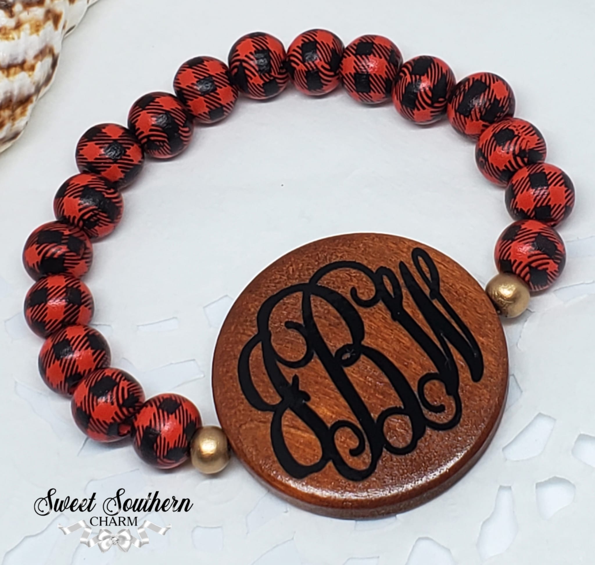 Monogrammed Red Buffalo Plaid Wooden Disc Elastic Bracelet-