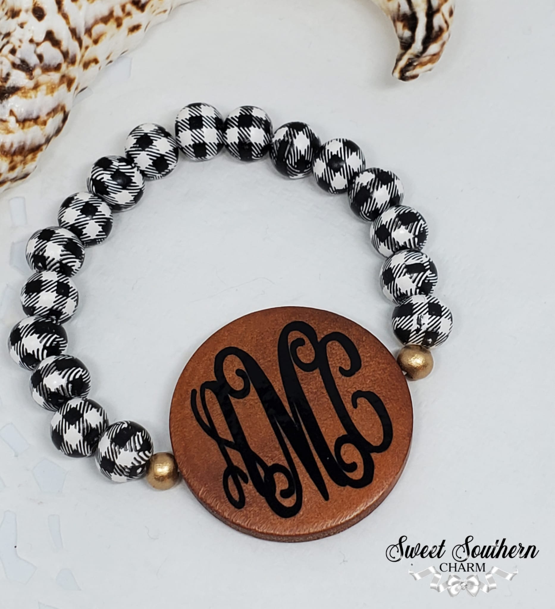 Monogrammed Black Buffalo Plaid Wooden Disc Elastic Bracelet-