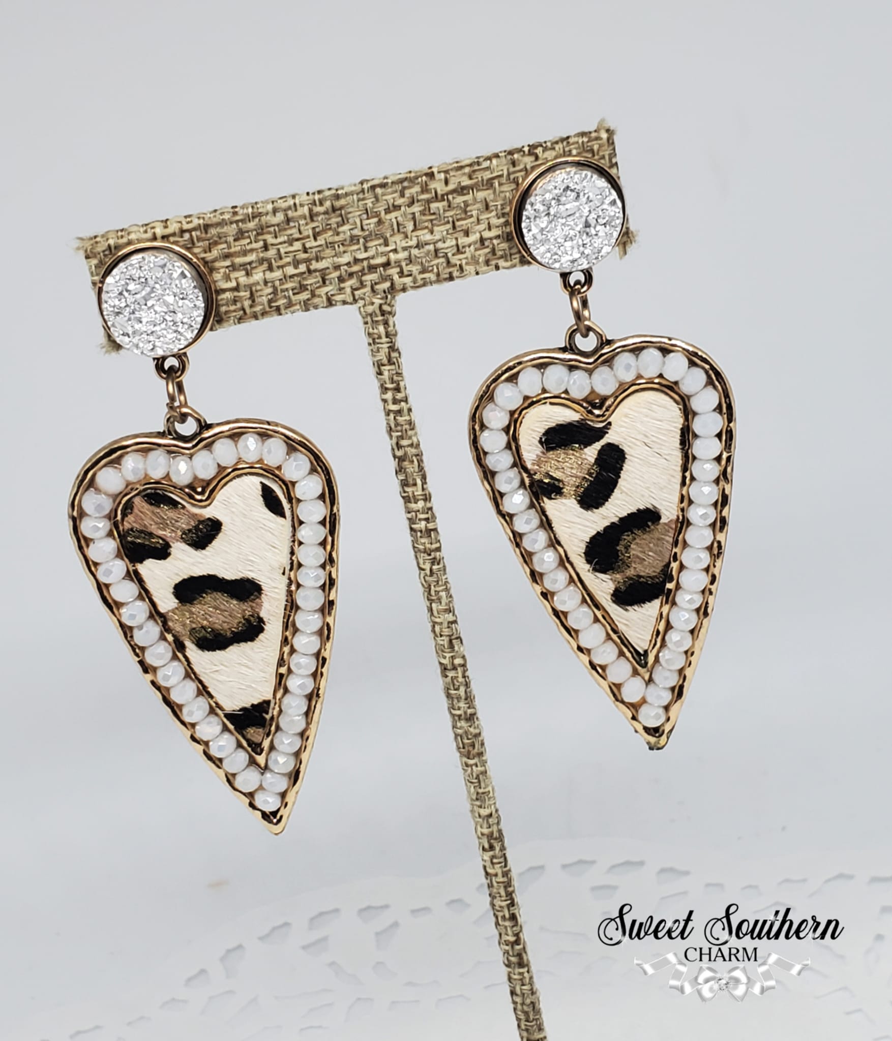 Leopard Heart Earrings adorned with a Druzy Stone-