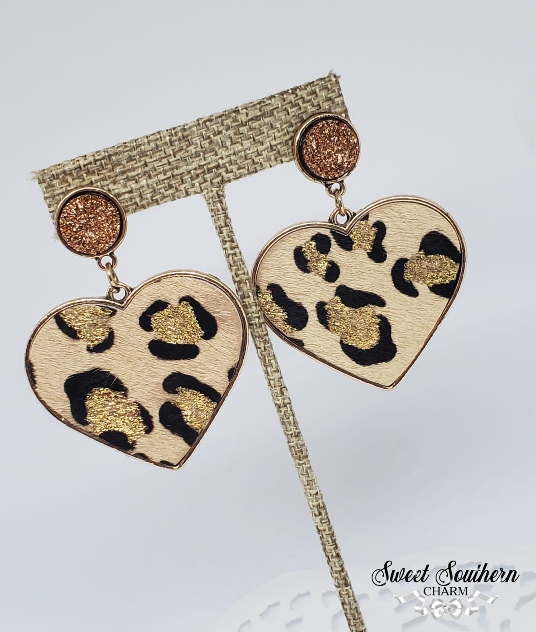 Stunning Leopard Heart Earrings with adorned with a Druzy Stud-