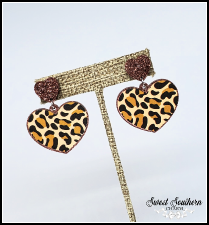 Acrylic Leopard Heart Dangle Post Earrings-