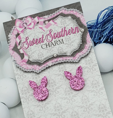 Adorable Acrylic Glittered Pink Bunny Post Earrings-