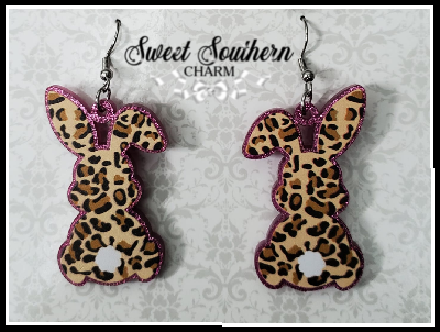 Leopard Bunny Dangle Earrings(Fushia Glittered)-