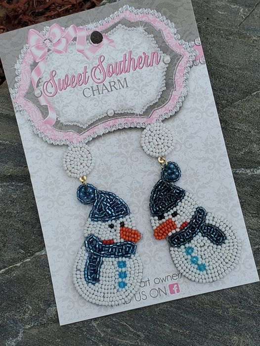 Beaded Snowman Earrings with Blue Scarf-