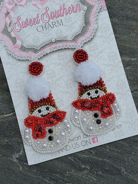 Adorable Beaded Snowman Earrings with Red Scarf-