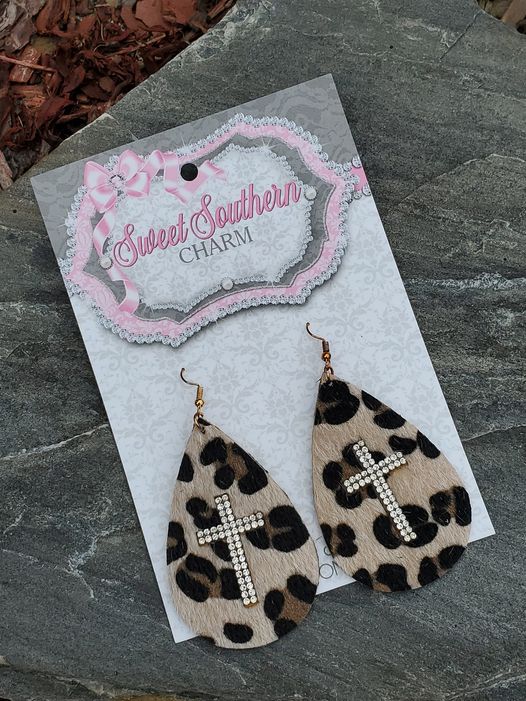 Gorgeous Animal Printed Teardrop Earrings with Bling Cross-