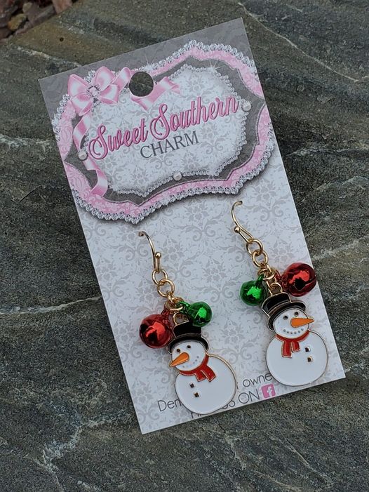 Adorable Snowman Earrings with Red and Green Bells-