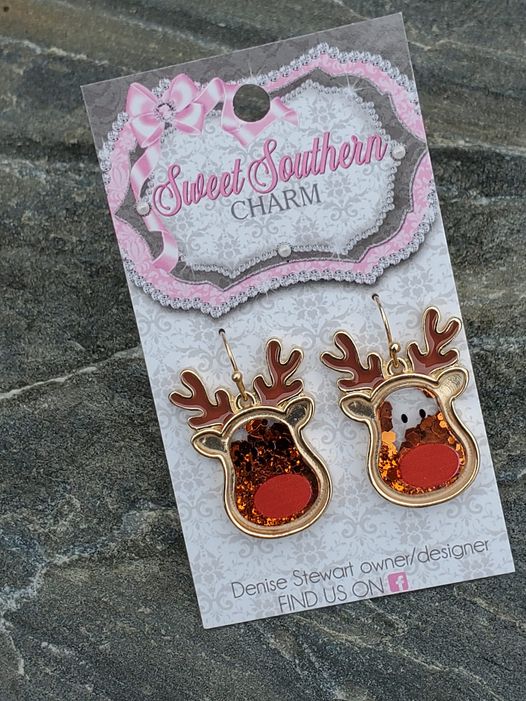 Alloy Metal Reindeer Earrings with Brown Glitter-