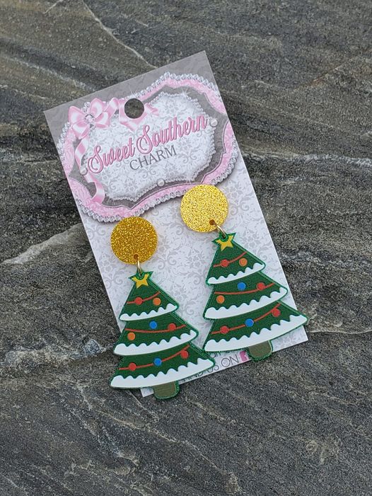 Acrylic Christmas Tree Earrings Green and Gold-