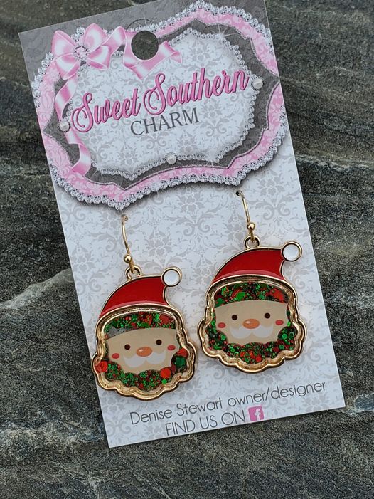 Alloy Metal Santa Earrings with Red and Green Glitter-