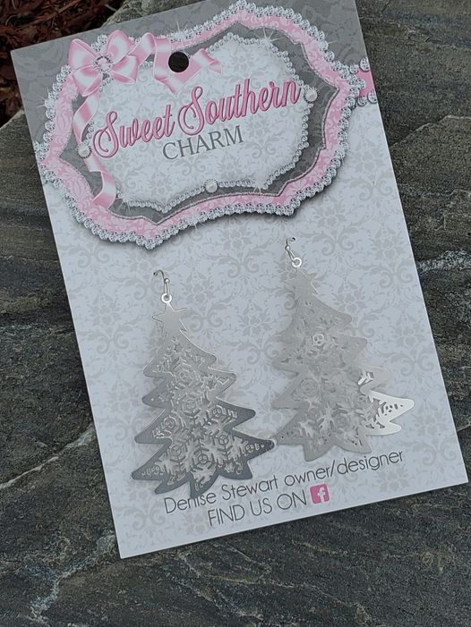 Silver Laser Cut Hammered Christmas Tree Earrings-