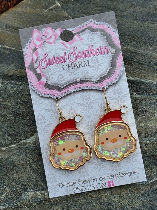 Alloy Metal Santa Earrings with Iridescent Glitter-