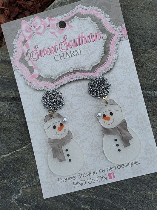 Gorgeous Acrylic and Beaded Snowman Earrings with Grey Scarf-