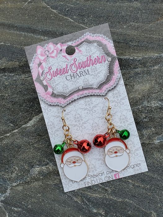 Adorable Santa Earrings with Red and Green Bells-