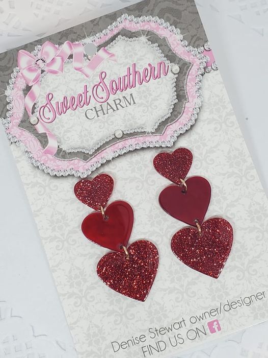 Triple Heart Red Glittered Acrylic Earrings-