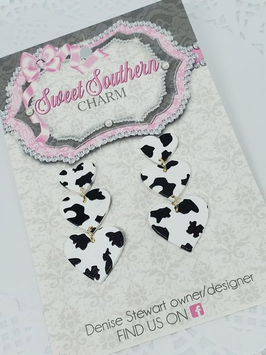 Cow Print Triple Heart Earrings-