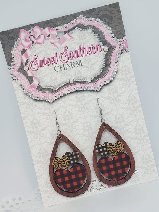 Buffalo Plaid Laser Cut Wooden Triple Heart Teardrop Shaped Earrings-