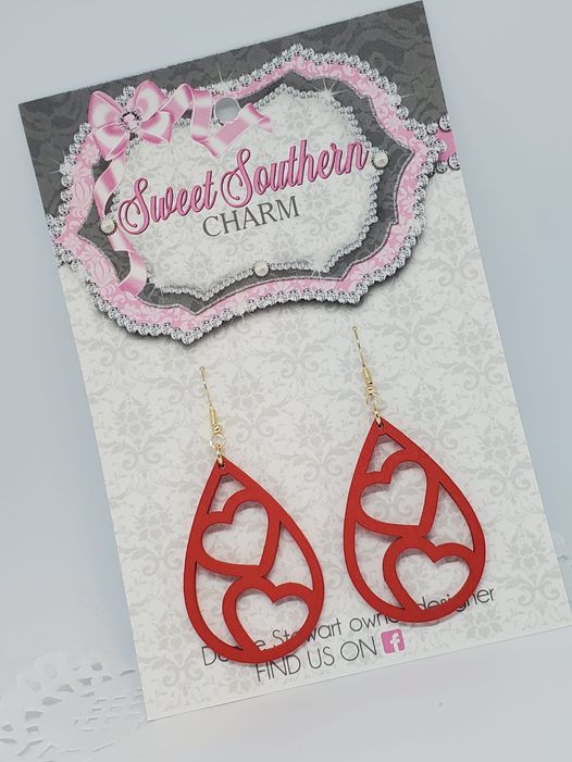 Laser Cut Red Double Heart Light Weight Earrings-