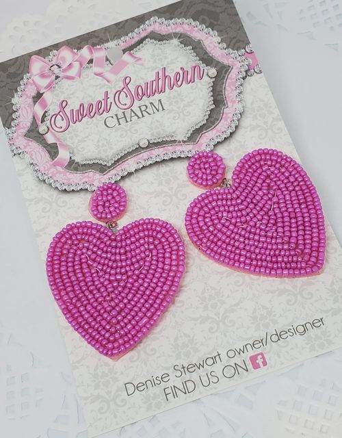 Pink Seed Bead Heart Shape Earrings-