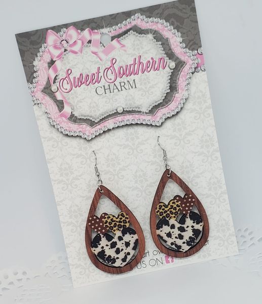 Cow Print Wooden Teardrop Earrings-