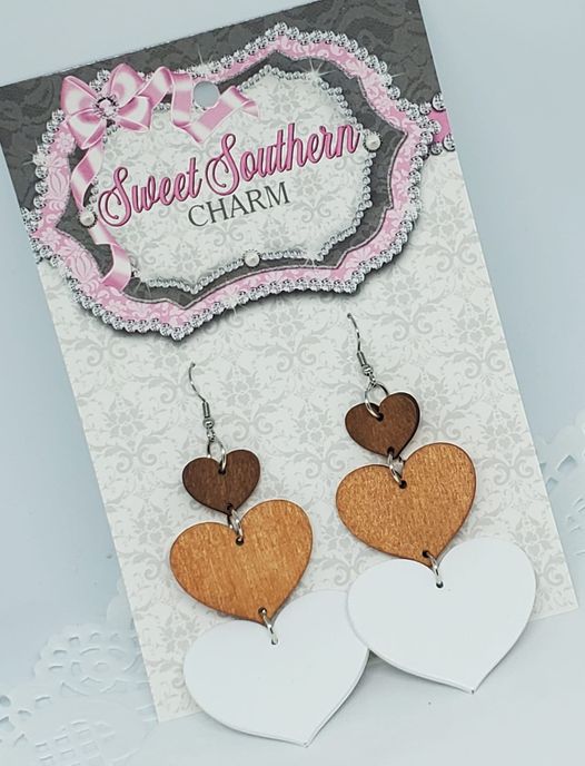 Laser Cut Triple Heart Lightweight Wood Earrings-