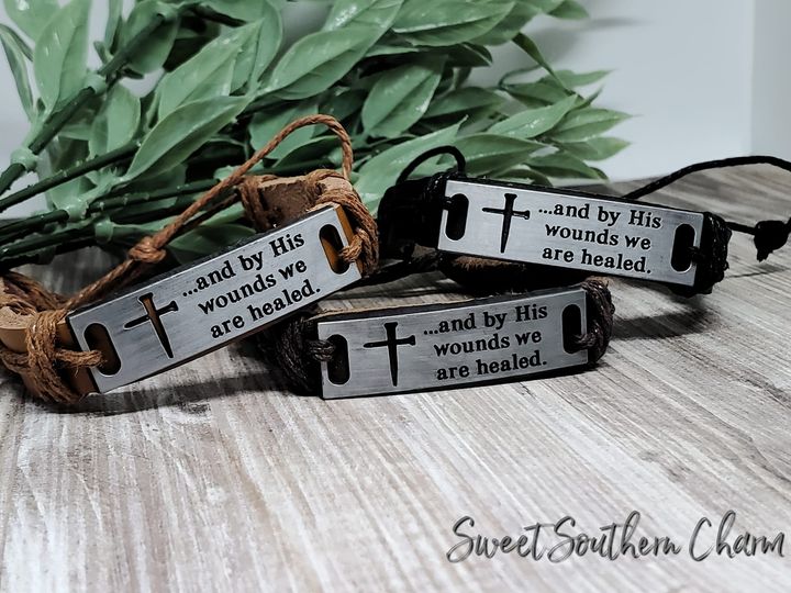 And By His Wounds We are Healed Pull and Tug Bracelet with Genuine Leather Band-