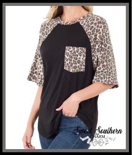 Black Leopard Sleeve Patch Top-