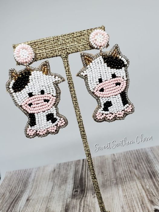 Adorable Seed Beaded Cow Earrings-