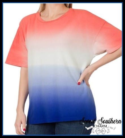 Dip Dyed Tee in Coral and Bright Blue-