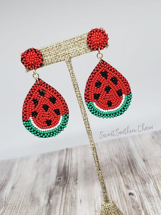 Teardrop Shaped Watermelon Seed Bead Earrings-