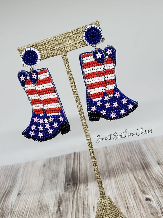 Patriotic Cowboy Boots Seed Beaded Earrings-