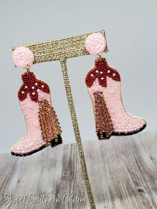 Pink Cowgirl Boot Seed Bead Earrings-