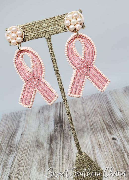 Pink Ribbon Seed Bead Earrings-