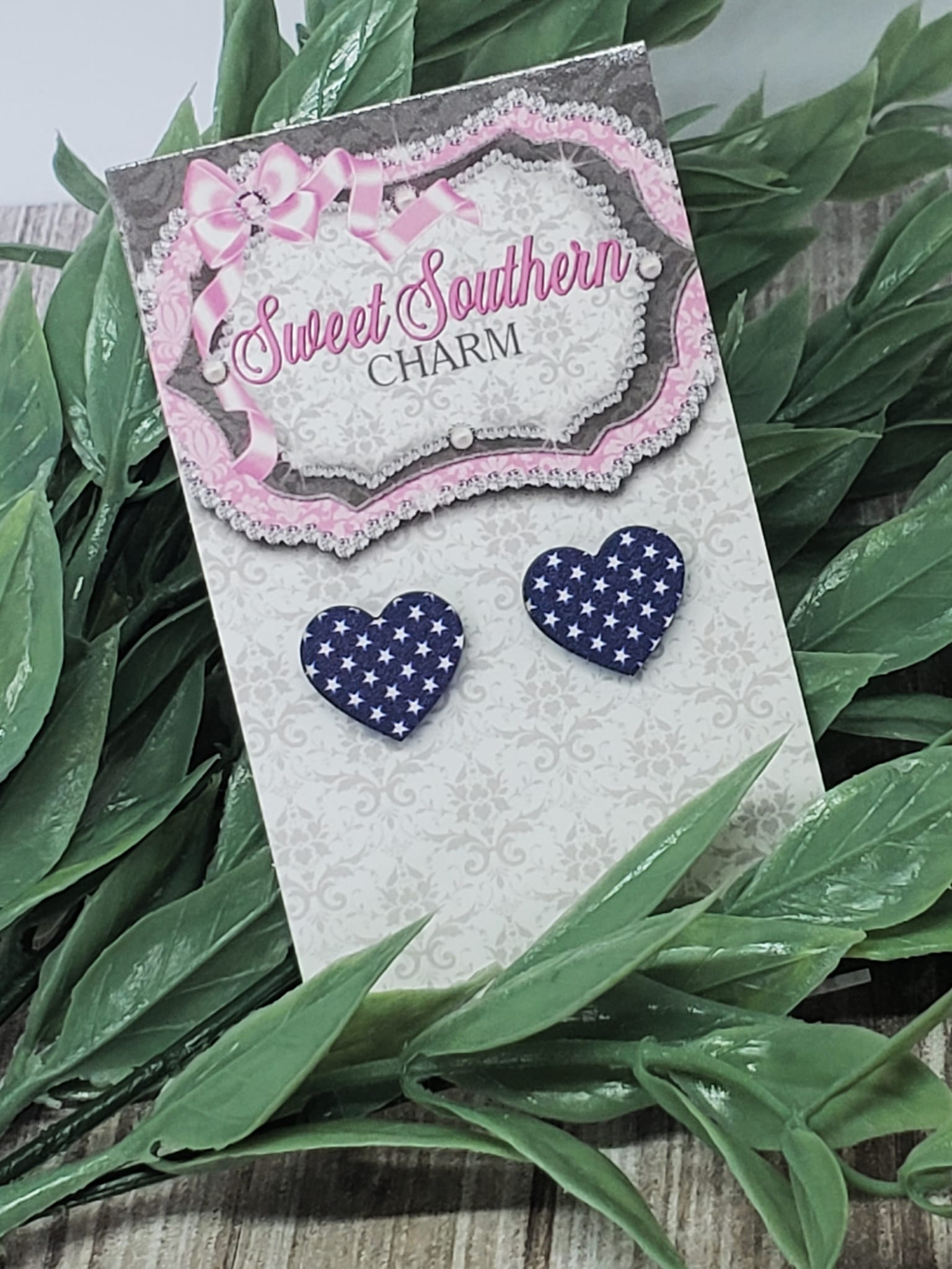 Laser Cut Blue Heart Wood Earrings-