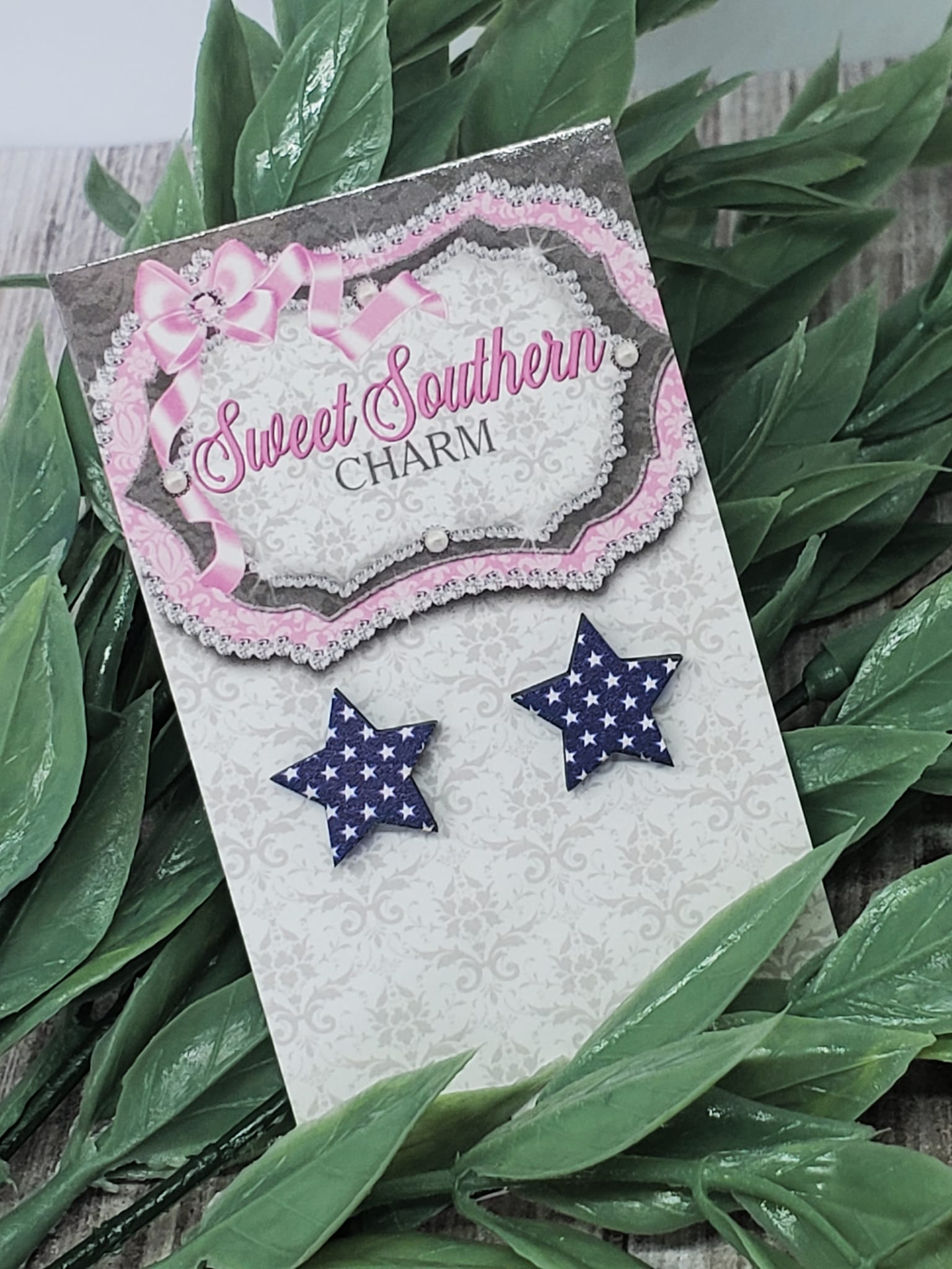 Laser Cut Blue Star Wood Stud Earrings-