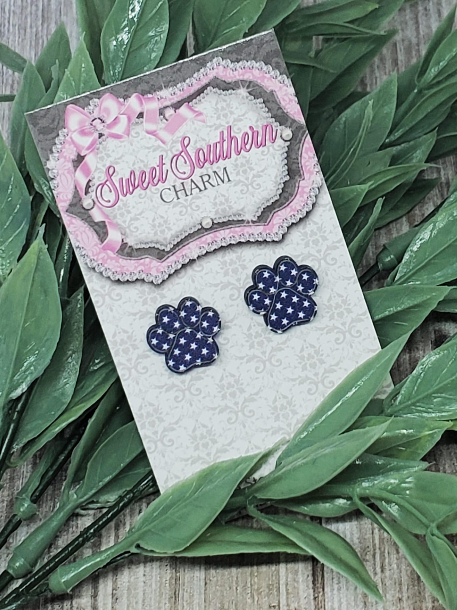 Laser Cut Blue Pawprint Wood Earrings-