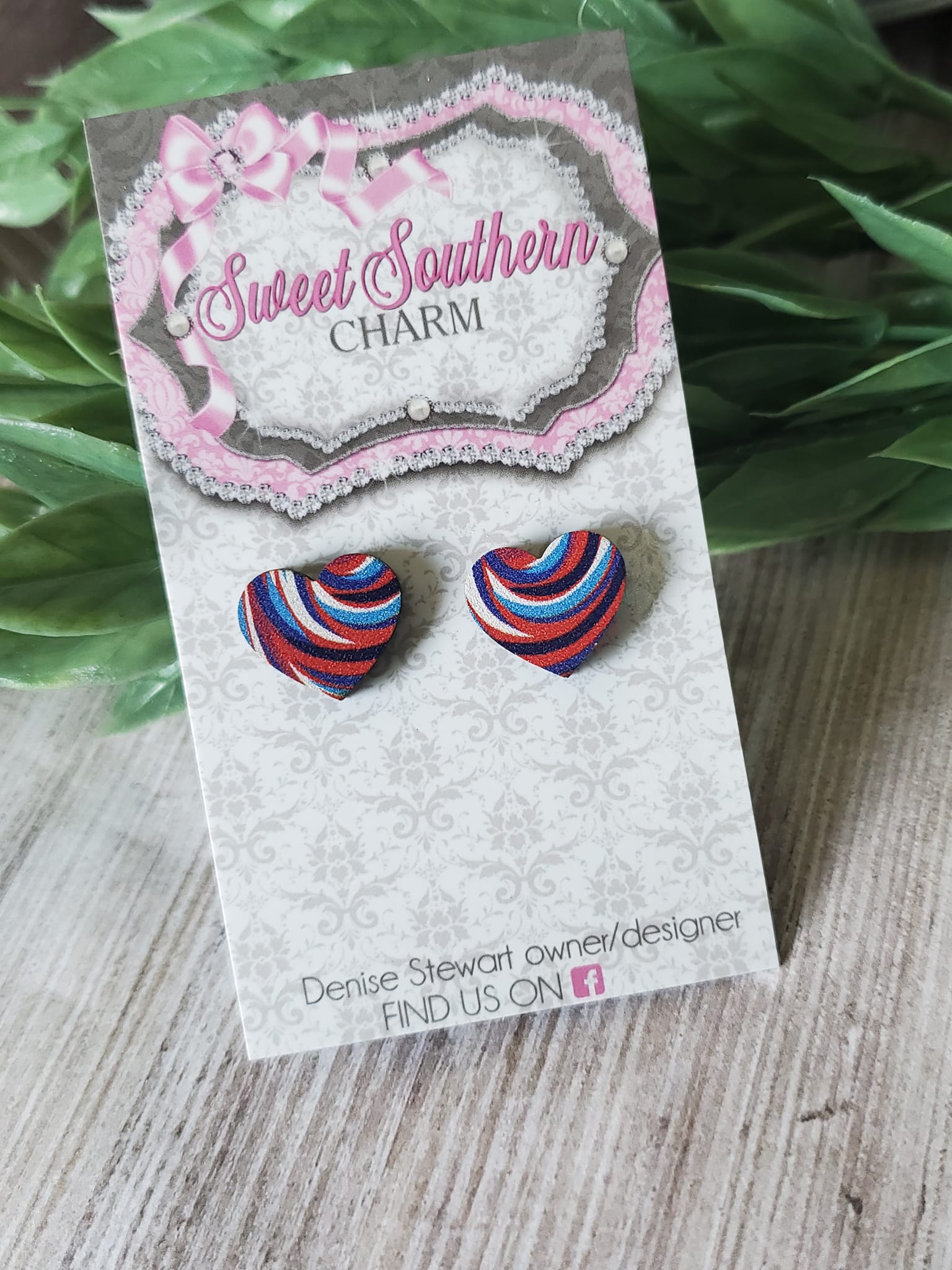 Red, White, and Blue Heart Laser Cut Wood Stud Earrings-