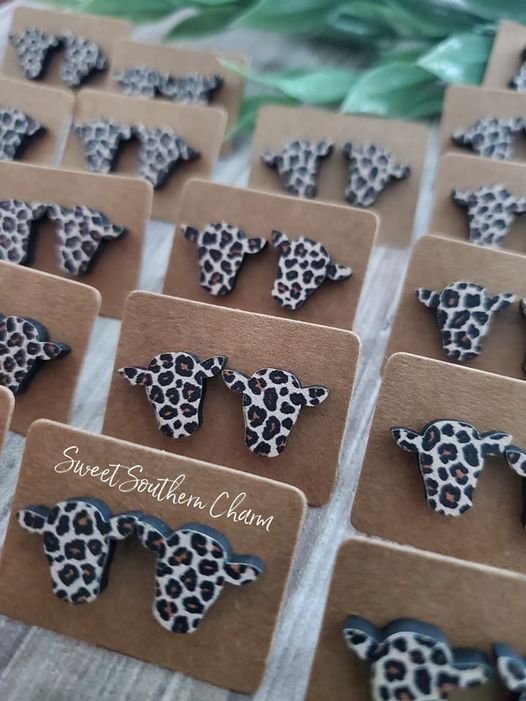 Laser Cut Cheetah Printed Cow Stud Earrings-