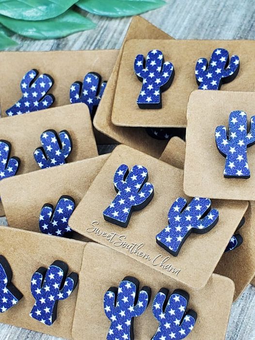 Patriotic Blue Star Laser Cut Cactus Stud Earrings-