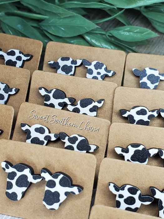 Laser Cut Black and White Printed Cow Stud Earrings-