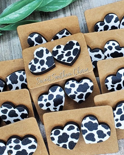 Laser Cut Cow Print Heart Stud Earrings-