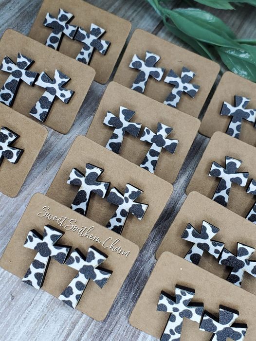 Laser Cut Cow Printed Cross Stud Earrings-