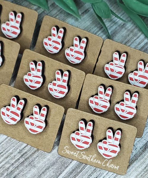 Laser Cut Red and White Striped Peace Sign Earrings-