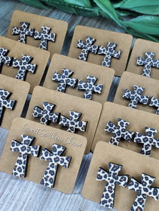 Laser Cut Cheetah Printed Cross Stud Earrings-