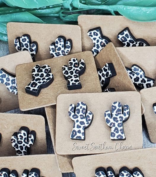 Laser Cut Cheetah Printed Cactus Stud Earrings-